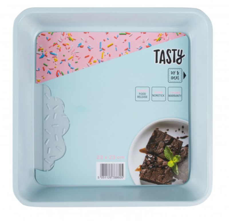 Light blue Tasty Brownie Pan with non-stick surface for easy baking and cleanup, heat resistant up to 230°C, perfect for desserts.