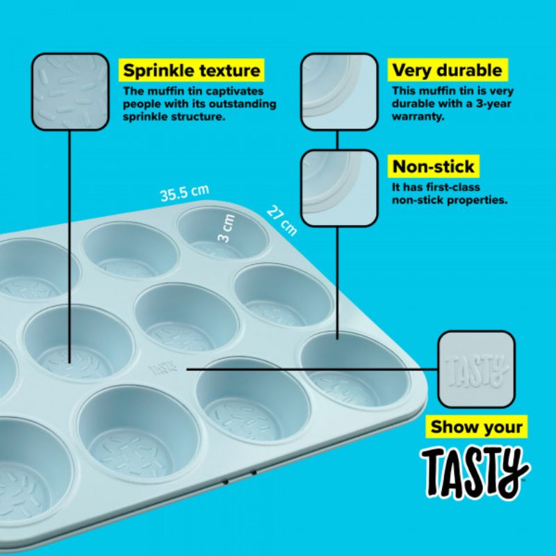 Tasty 12-cup muffin pan with a sprinkle design, non-stick coating, and heat resistance up to +230°C for easy baking.