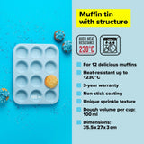 Tasty 12-cup muffin pan with sprinkle design, non-stick, heat-resistant up to 230°C for perfect baking every time.