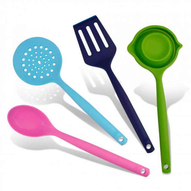 Vibrant 4-piece Tasty Silicone Tool Set, including a slotted spoon, straining spoon, serving spoon, and foldable ladle.