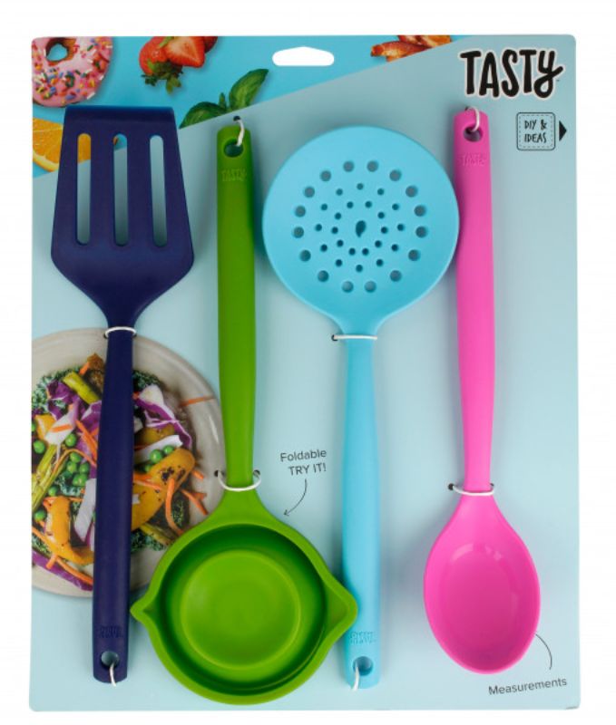 Vibrant 4-piece silicone tool set for cooking, includes slotted, straining, serving spoons, and foldable ladle, dishwasher safe.