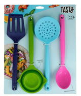 Vibrant 4-piece silicone tool set for cooking, includes slotted, straining, serving spoons, and foldable ladle, dishwasher safe.