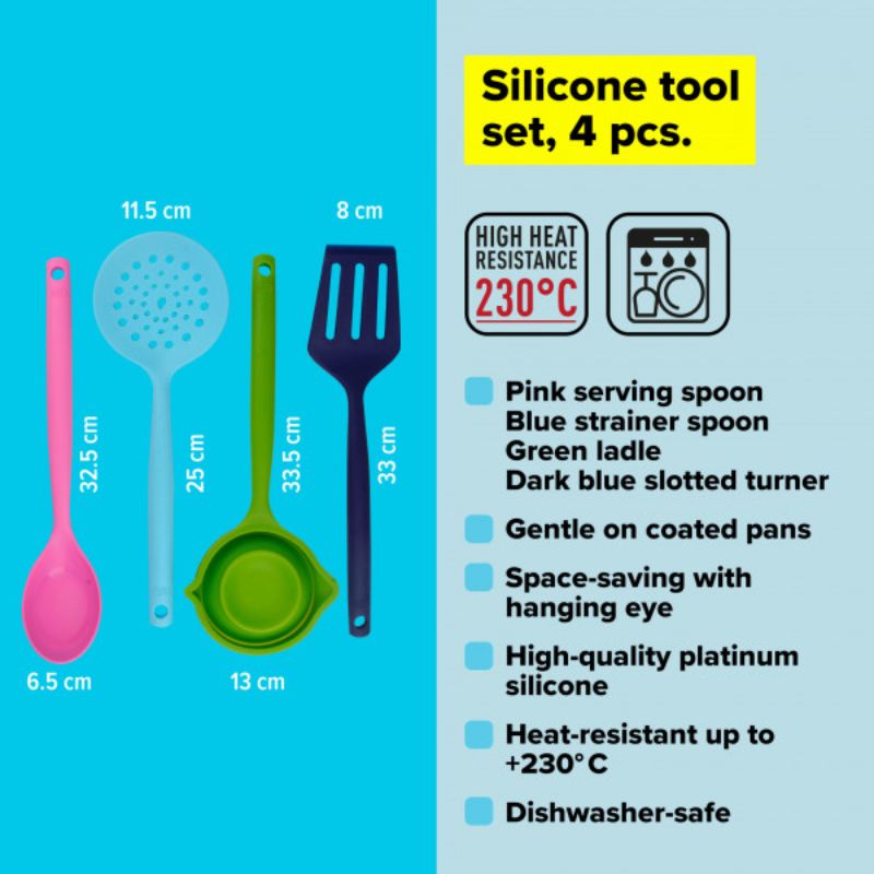 Vibrant 4-piece Tasty Silicone Tool Set for cooking, featuring a slotted spoon, straining spoon, serving spoon, and foldable ladle.