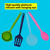 Vibrant 4-piece silicone kitchen tool set for cooking, serving, and straining, safe for non-stick surfaces.