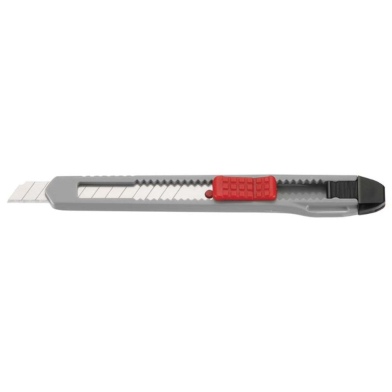 9mm Teng snap-off blade box knife, 125mm long, featuring a break-off tool, pocket clip, and comes with 1 replaceable blade.