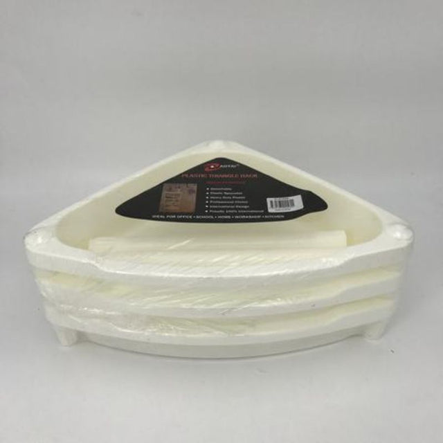 Set of 12 triangular plastic stands, 3 tiers, 63.5CM high, ideal for showcasing brochures and retail displays.