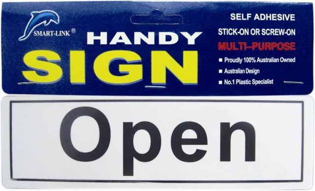 Durable self-adhesive "OPEN" plastic signs, perfect for storefronts, available in a set of 12 for easy installation.