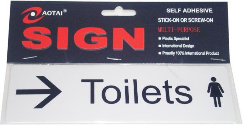 Durable self-adhesive plastic signs for female restrooms, ideal for public facilities, offering clear labeling and easy installation.