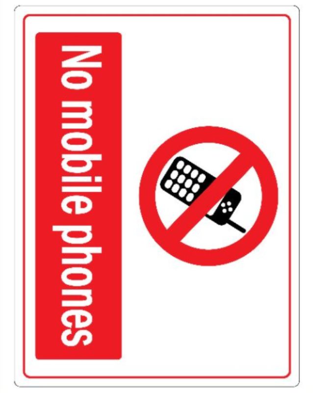Vibrant plastic sign set of 6 stating "NO Mobile Phones," ideal for offices and schools to minimize distractions.