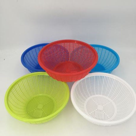 Set of 12 colorful 38CM round plastic colanders for effortless draining of fruits, vegetables, and pasta in style.