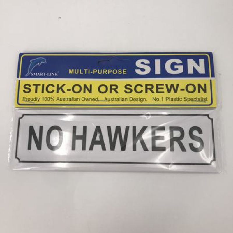 Set of 12 durable plastic 'No Hawkers' signs to deter solicitation in various environments, easy to install.