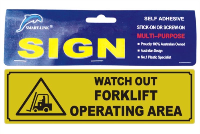 Self-adhesive "Watch Out Forklift Operating Area" signs in a set of 6 for promoting workplace safety and hazard awareness.