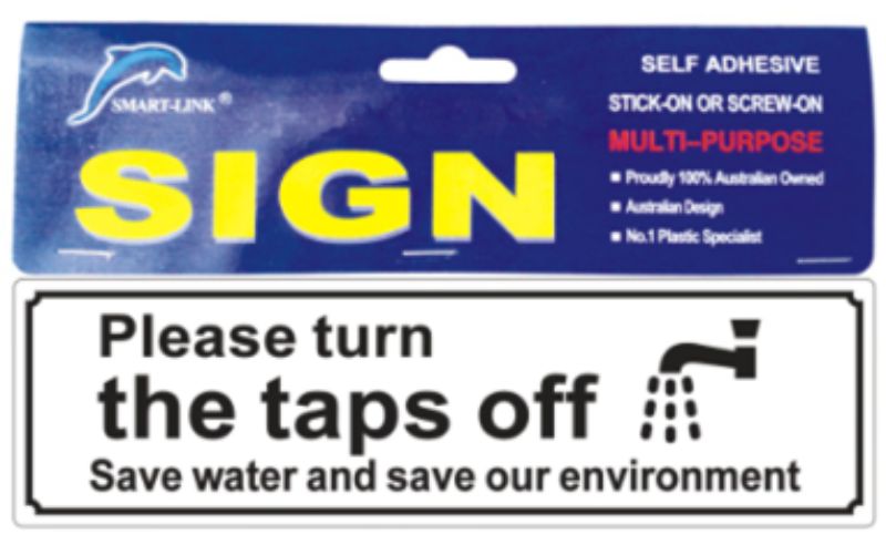 Set of 6 self-adhesive plastic signs reminding to turn off taps for water conservation in kitchens and bathrooms.