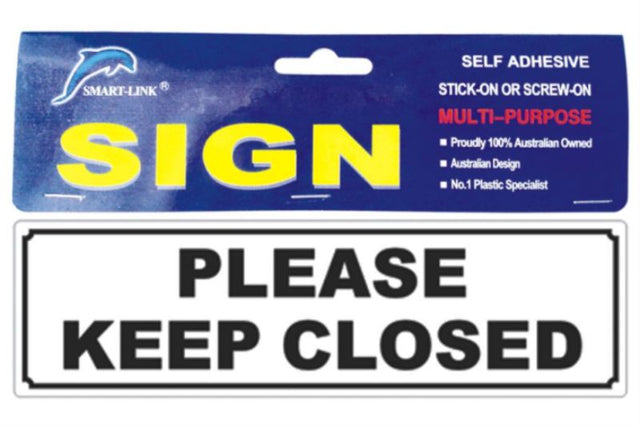 Set of 6 durable self-adhesive plastic signs saying "PLEASE KEEP CLOSED" for indoor and outdoor use.