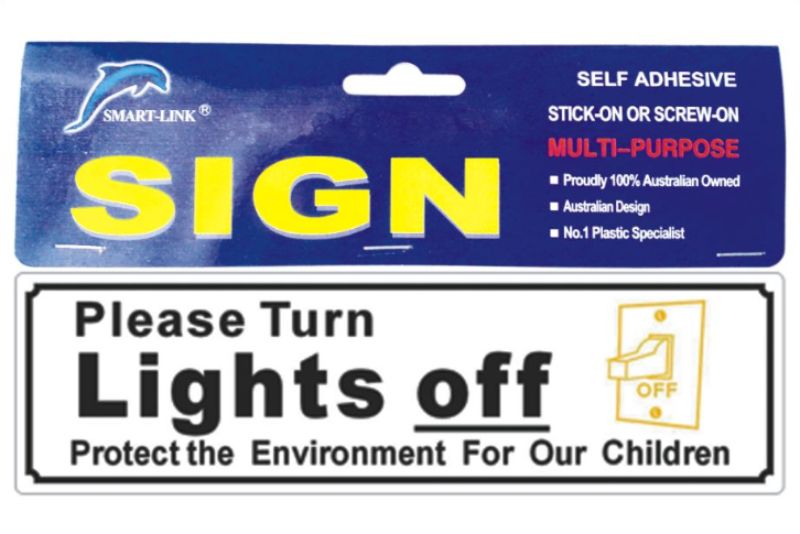 Set of 6 self-adhesive plastic signs reminding to turn off lights, promoting energy conservation in homes and businesses.
