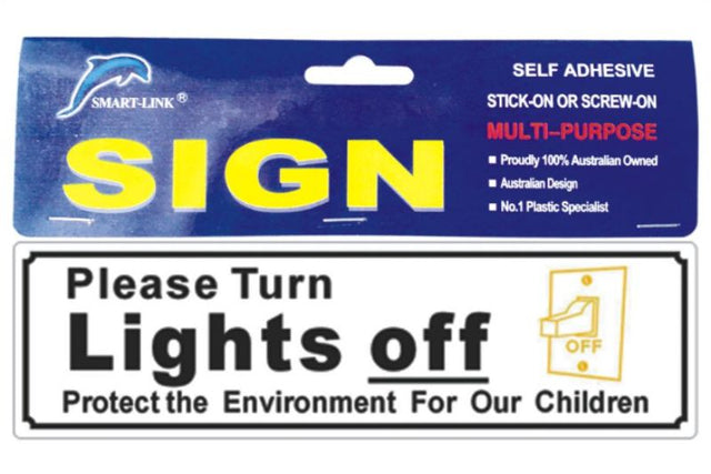 Set of 6 self-adhesive plastic signs reminding to turn off lights, promoting energy conservation in homes and businesses.
