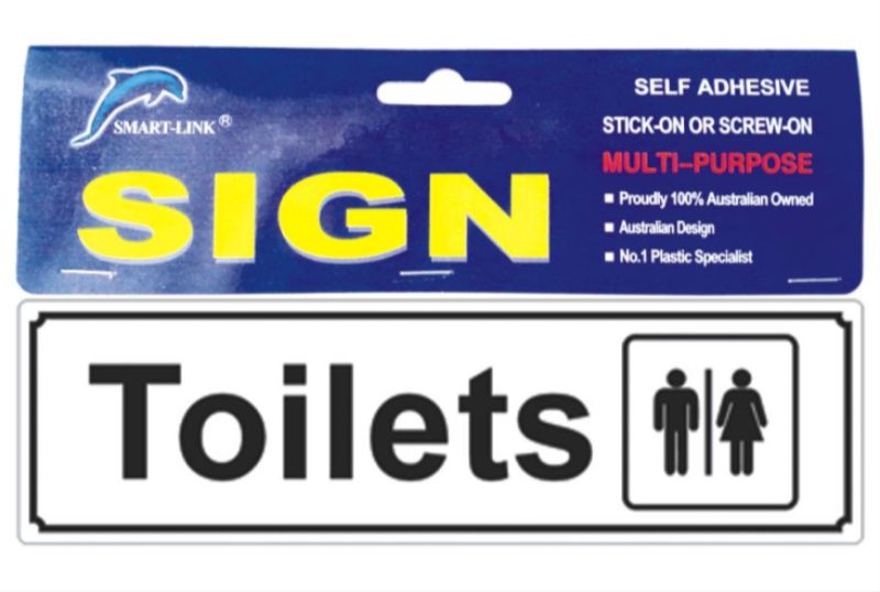 Self-adhesive plastic toilet signs in a set of 6, designed for clear restroom identification in commercial settings.