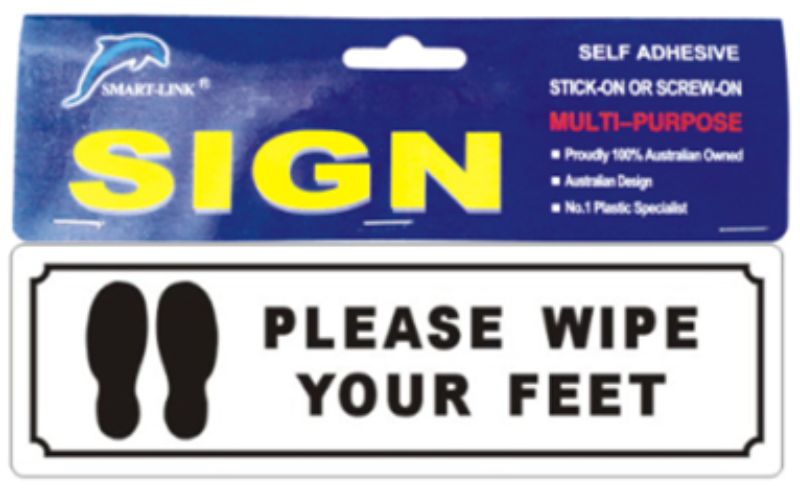 Set of 6 durable plastic signs with self-adhesive backing, prompting visitors to wipe their feet at entryways.