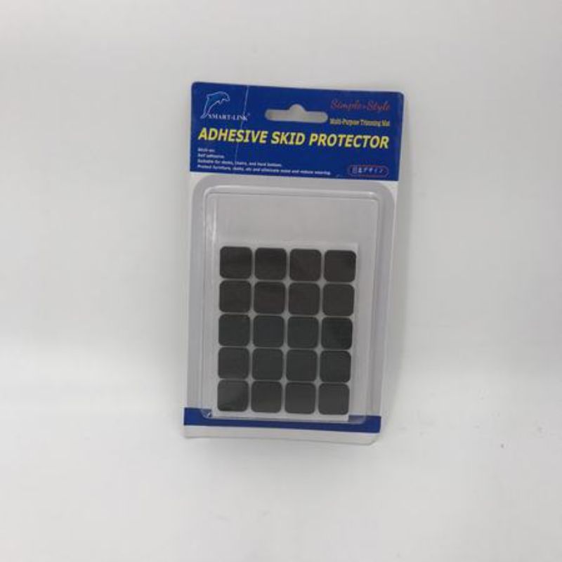Adhesive skid protectors in black; 12-pack for enhanced grip and safety on slippery surfaces. Easy peel-and-stick installation.