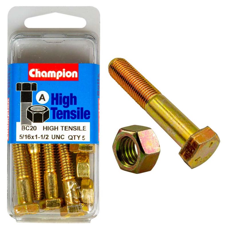 Champion 1-1/2in x 5/16in Grade 5 Bolt & Nut, designed for strength and durability in various applications.