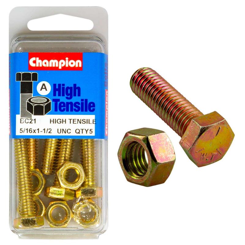 Champion 1-1/2in x 5/16in Set Screw & Nut (A) - GR5, durable and versatile hardware for secure assembly and repairs.