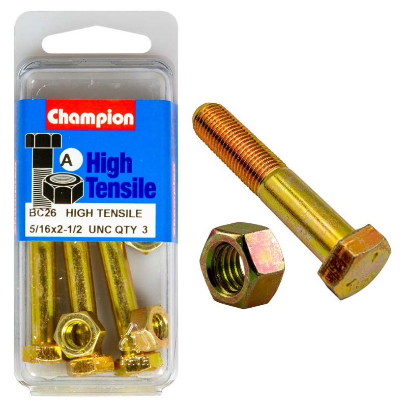 Champion 2-1/2in x 5/16in GR5 Bolt & Nut set, known for strength, durability, and corrosion resistance for various applications.