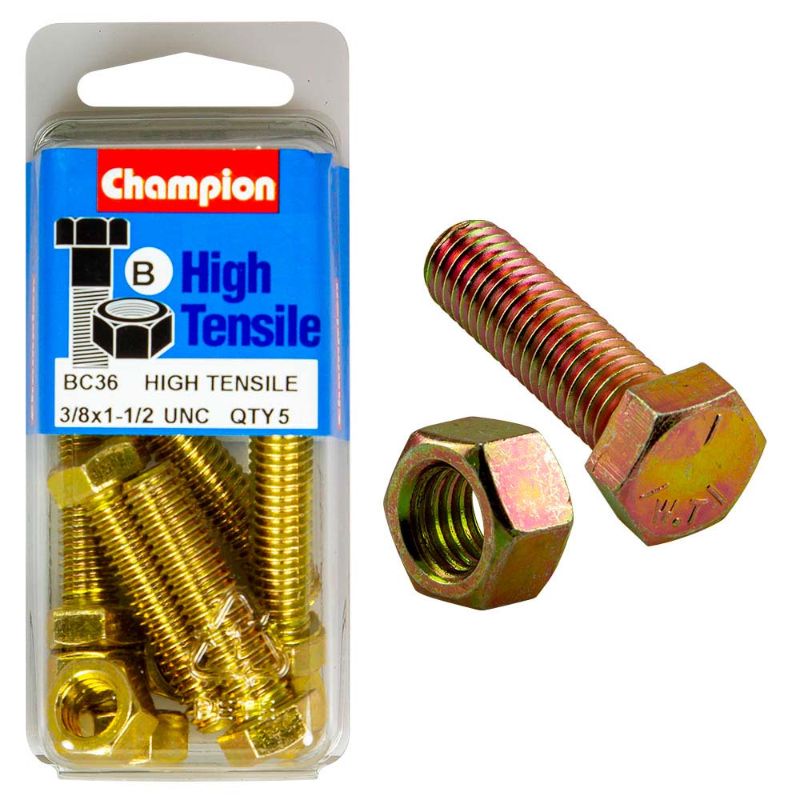Champion 1-1/2in x 3/8in Set Screw & Nut (B) - GR5, durable Grade 5 steel fastener for high-stress industrial applications.