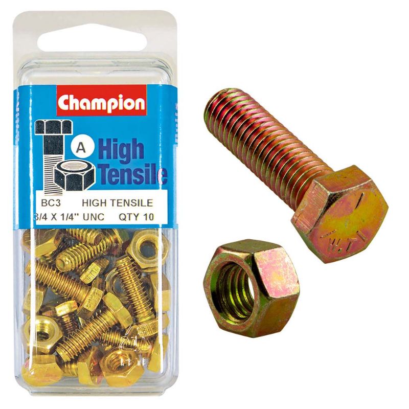 Durable Champion 3/4in x 1/4in Set Screw & Nut (A) made of Grade 5 steel for reliable fastening in various applications.