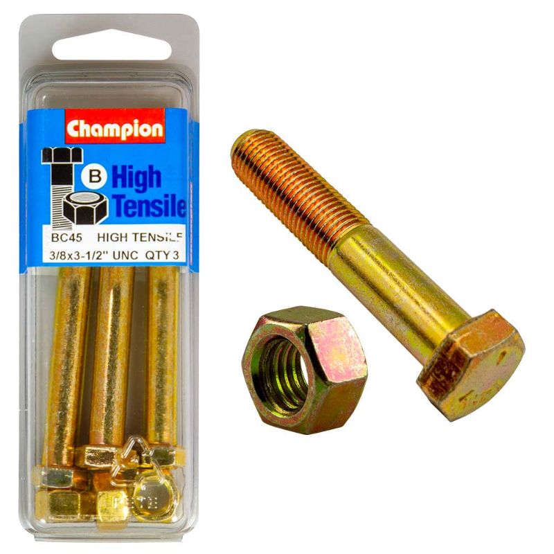 Grade 5 steel Champion bolts and nuts, 3/12 x 3/8 inches, ideal for construction and DIY projects with superior durability.