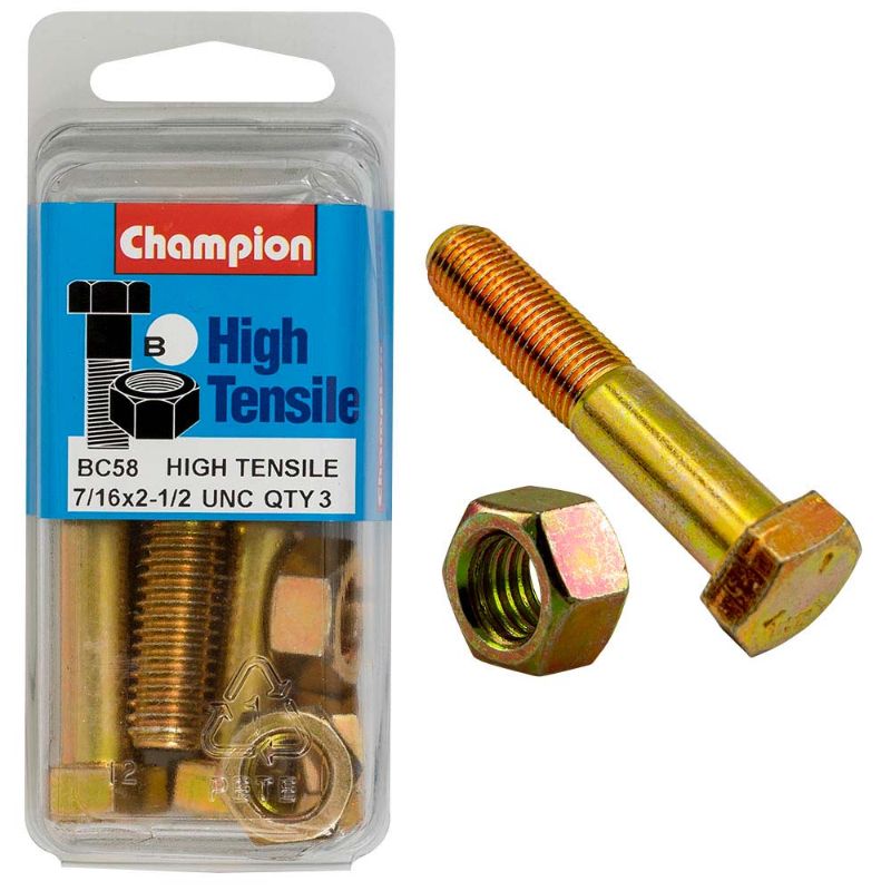 Champion 2-1/2in x 7/16in GR5 bolt and nut set, featuring durable Grade 5 material for strong, reliable fastening in various projects.