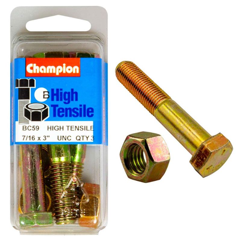 Champion 3in x 7/16in GR5 bolt and nut set, designed for superior strength, durability, and easy installation in various projects.