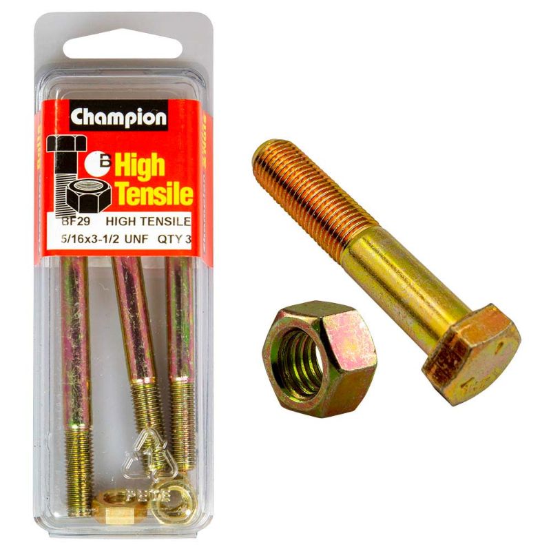 Champion 3-1/2in x 5/16in GR5 Bolt and Nut set, engineered for durability and high-strength performance in various applications.