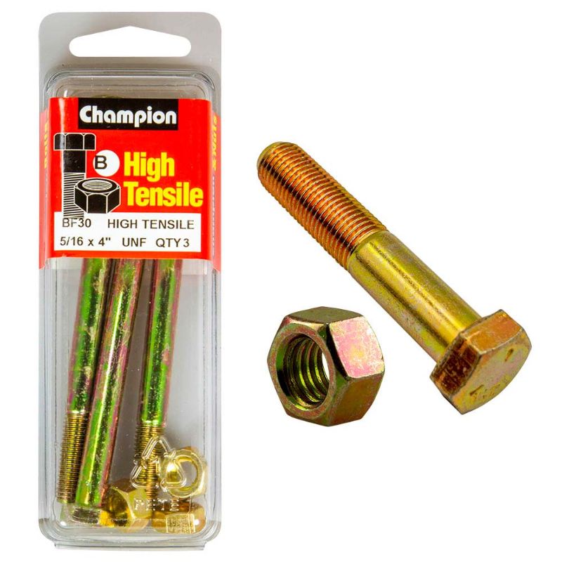Grade 5 Champion 4in x 5/16in bolt and nut set, featuring corrosion resistance for reliable fastening in various projects.
