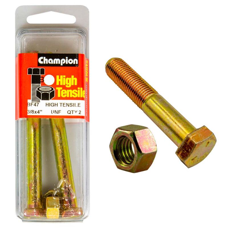 Champion 4in x 3/8in Grade 5 bolt and nut set, ideal for construction and DIY projects, featuring corrosion-resistant finish.