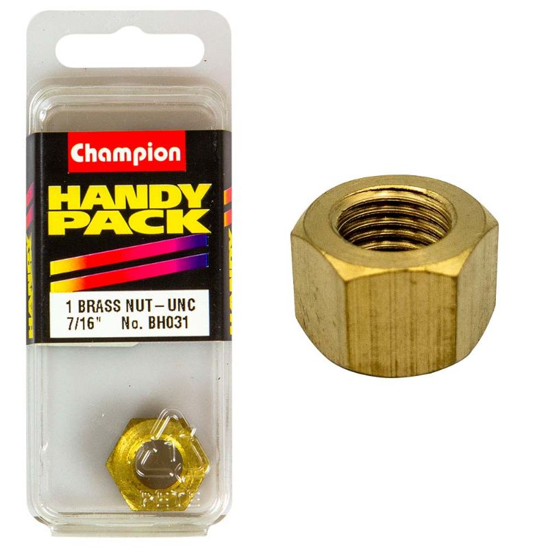 Durable Champion 7/16in UNC manifold nut, ideal for automotive and plumbing applications, ensures secure and reliable connections.