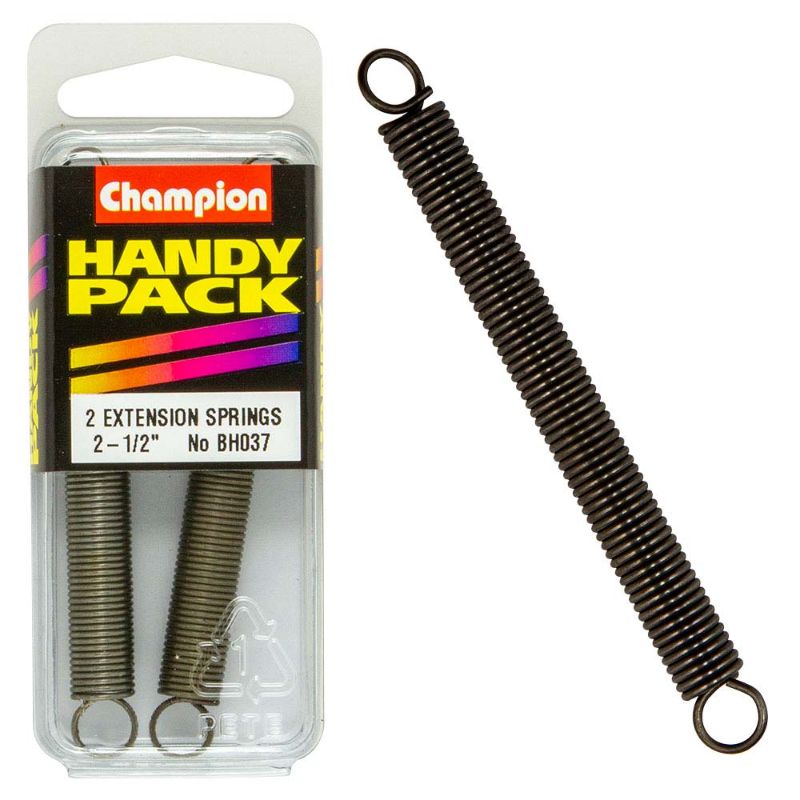 Champion 2-1/2in x 11/32in x 20G extension springs, durable and versatile for automotive, industrial, and DIY projects.