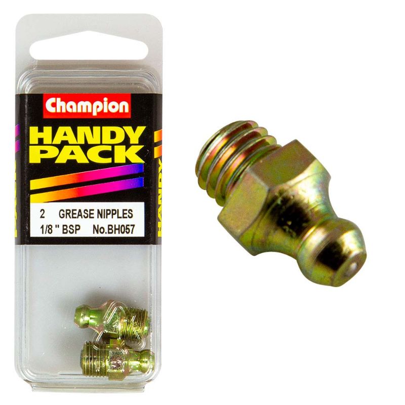 Champion 1/8 BSP Straight Grease Nipples in a pack of 2, designed for efficient lubrication of machinery and equipment.