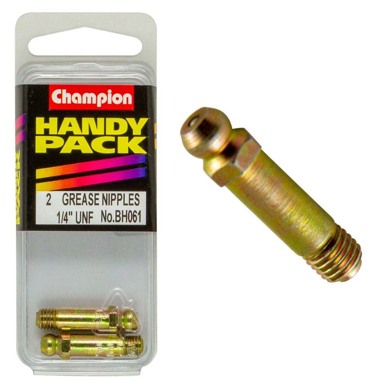 Champion 1/4in UNF x 1-1/4in long grease nipples designed for optimal lubrication and easy insertion into machinery.