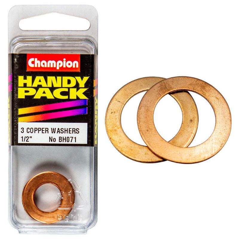 "Champion 1/2in x 7/8 Copper Washer 20G for leak-proof sealing in automotive and plumbing applications."
