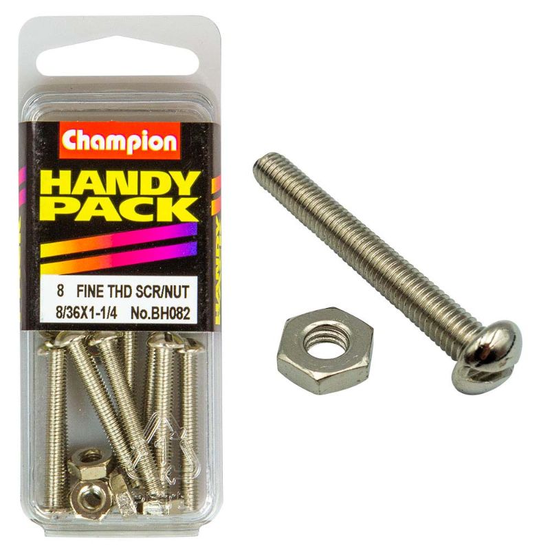 Champion 8/36in x 1-1/4in fine set screw and nut for secure fastening in mechanical and DIY projects, offering exceptional durability.