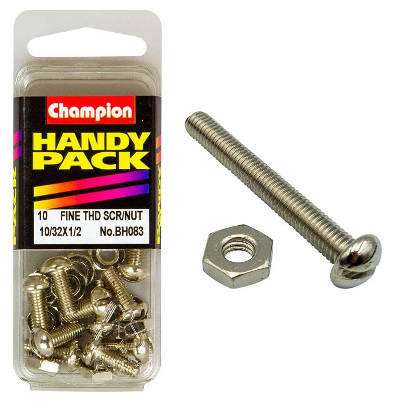 Champion 10/32in x 1/2in Fine Set Screw & Nut: durable fastening solution for automotive and home repair projects.