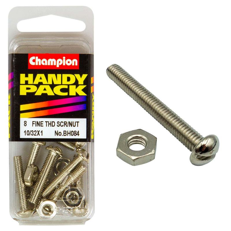 Champion 10/32in x 1in Fine Set Screw & Nut, strong and durable for precision fastening in DIY and professional projects.
