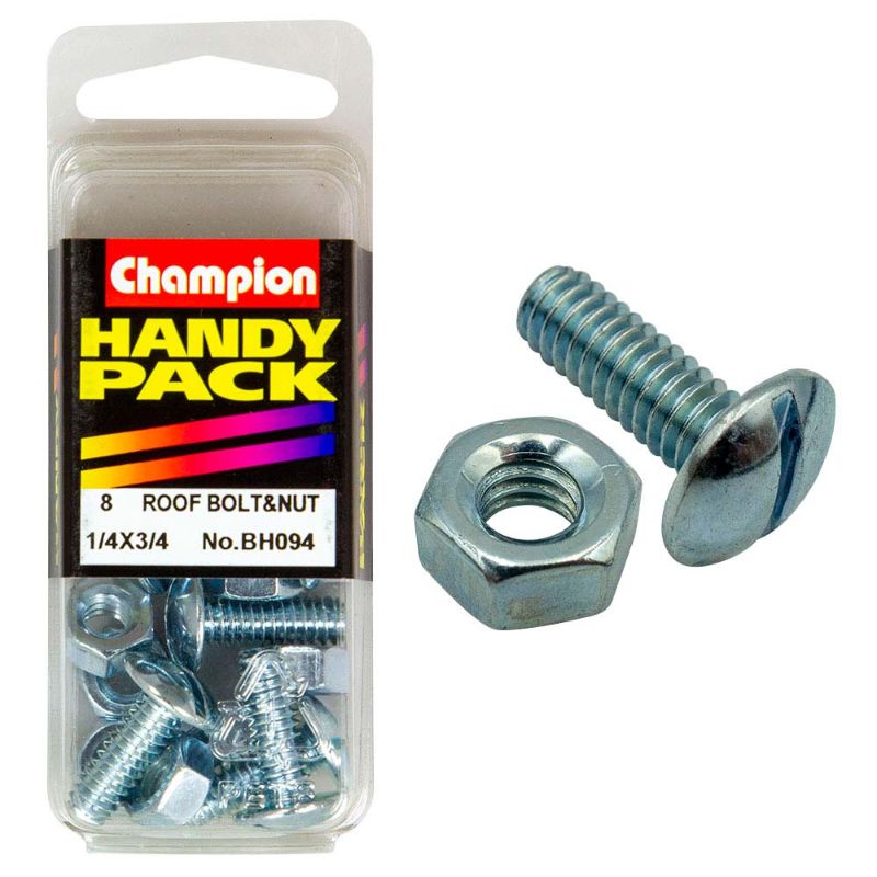 Champion 1/4in x 3/4in Roofing Bolt & Nut, durable fasteners designed for secure and weather-resistant roofing installations.