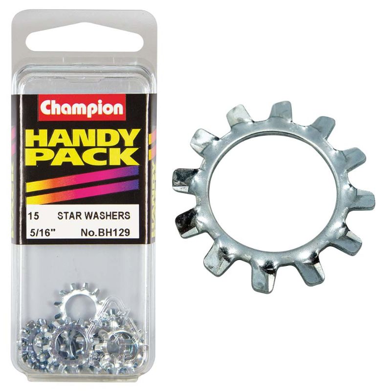Champion 5/16in External Star Washer designed for secure bolt grip, load distribution, and durability in various applications.