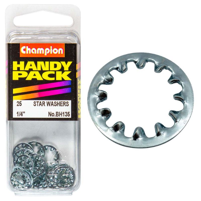 Champion 1/4in internal star washer designed for strong grip and security in automotive, construction, and electrical applications.
