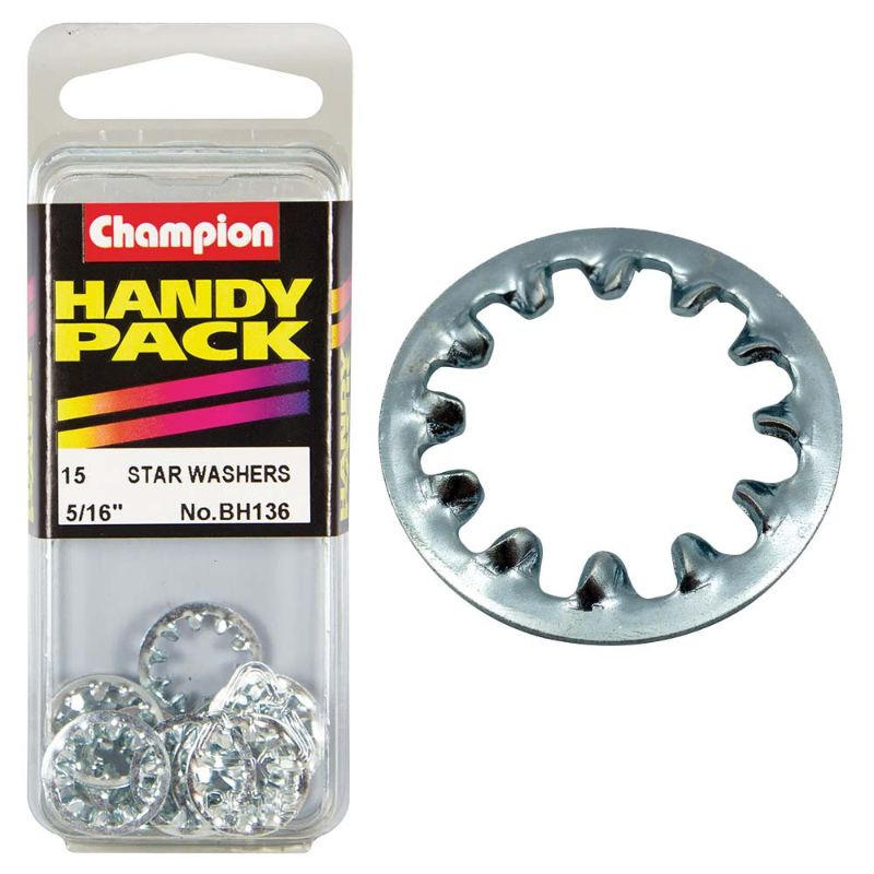Champion 5/16in internal star washer features a unique star shape for superior locking and enhanced grip in various applications.