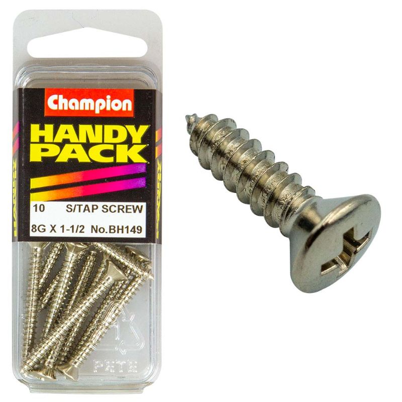 Champion 8G x 1-1/2in self-tapping set screw, designed for durability, corrosion resistance, and strong fastening in various materials.