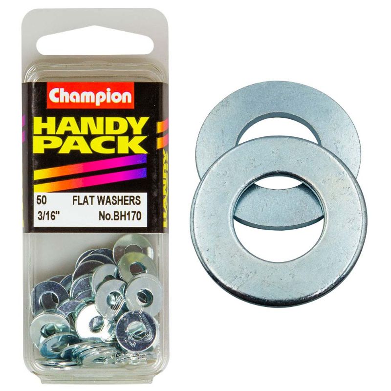 Durable Champion 3/16in flat steel washer for secure fastening, load distribution, and corrosion resistance in various applications.
