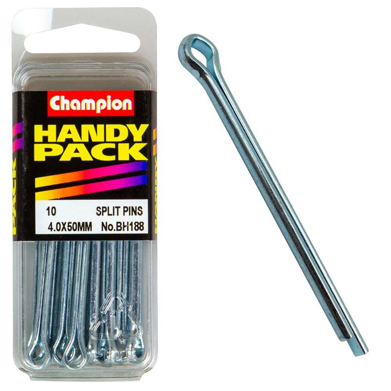 Champion 4.0 x 50mm Split Pin for reliable fastening in automotive and DIY projects, featuring easy insertion and strong hold.