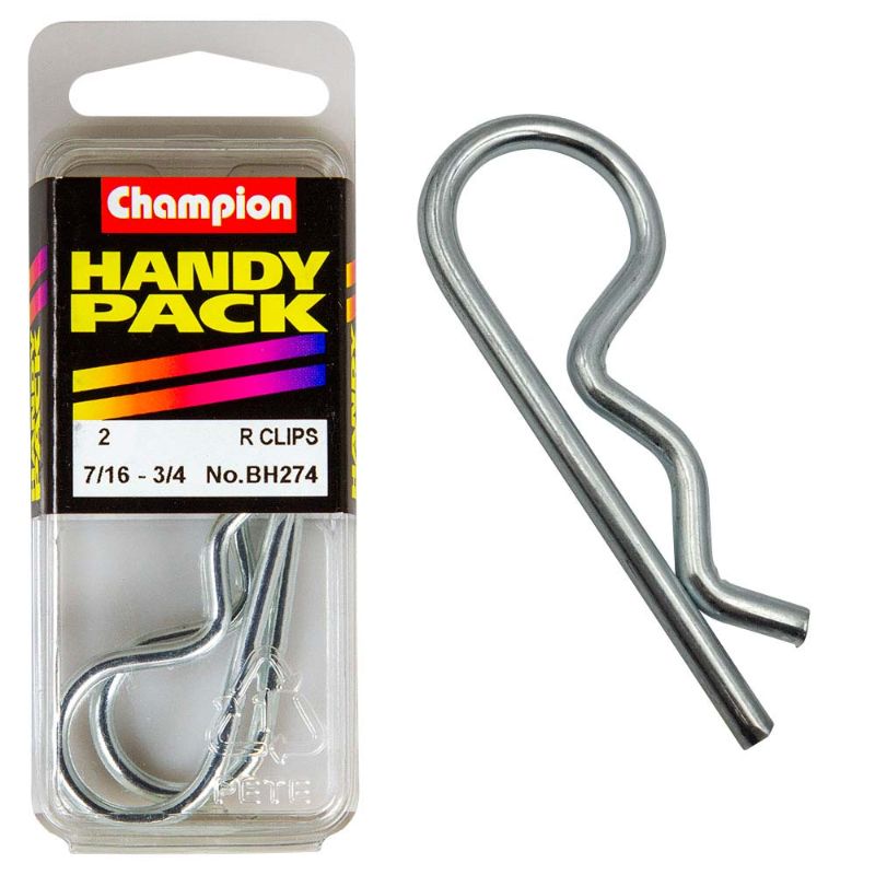 Champion 7/16in - 3/4in Shaft R-Clips for secure fastening in automotive and industrial applications, resistant to vibrations and corrosion.